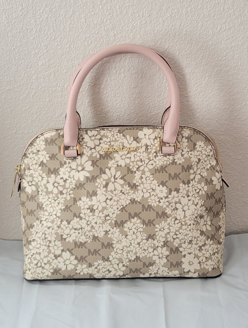 Michael Kors Pink-Handle Floral Logo Dome Satchel